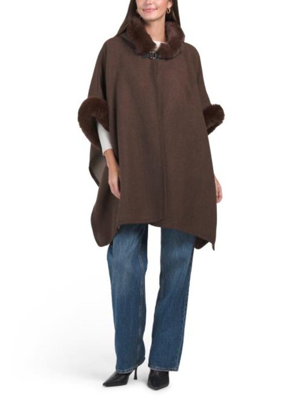 MAX STUDIO Ruana With Hood And Toggle And Faux Mink Trim
